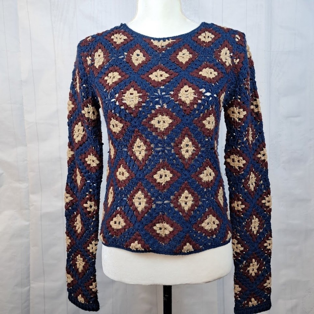 ELIZABETH & JAMES XS Crochet Granny Square Sweater Navy Blue Multi 70s Vibe
